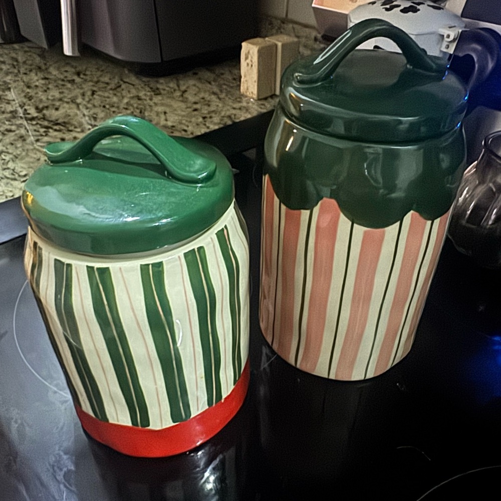 Anthropologie Green and Red Striped Ceramic Canister Set